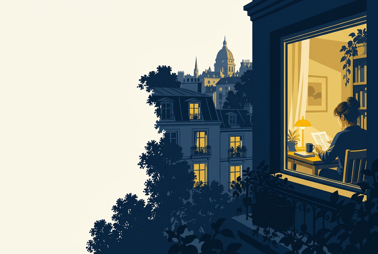 A resident reviewing a household plan by lamplight in a European apartment